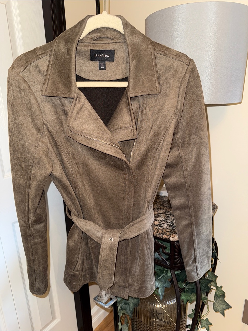le chateau dk olive green Suede Belted Trench Coat